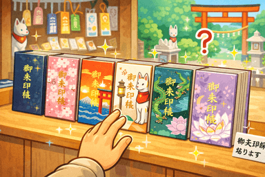 An accordion-fold goshuincho stamp book