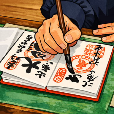 A goshuin stamp featuring vermilion seals and black calligraphy